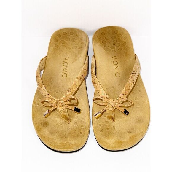 Vionic Bella Sandal Beige Neutral Flip Flop Bow Gold Cork Toe Post Comfort Sz 6 - Picture 5 of 16